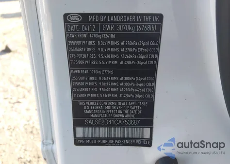 2012 Land Rover Range Rover Sport Hse z USA, uszkodzony, nr VIN SALSF2D41CA753687